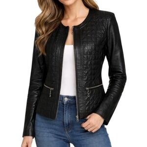 BIRRYSHOP Womens Black Quilted Sheep Leather Jacket Full Zip Front w/Pockets